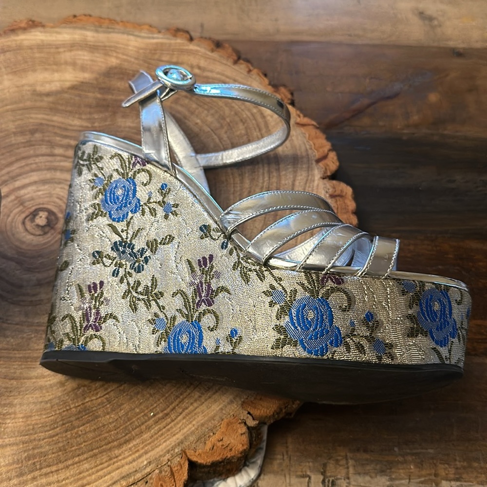 Prada Metallic Silver Brocade Platform Heels - image 4